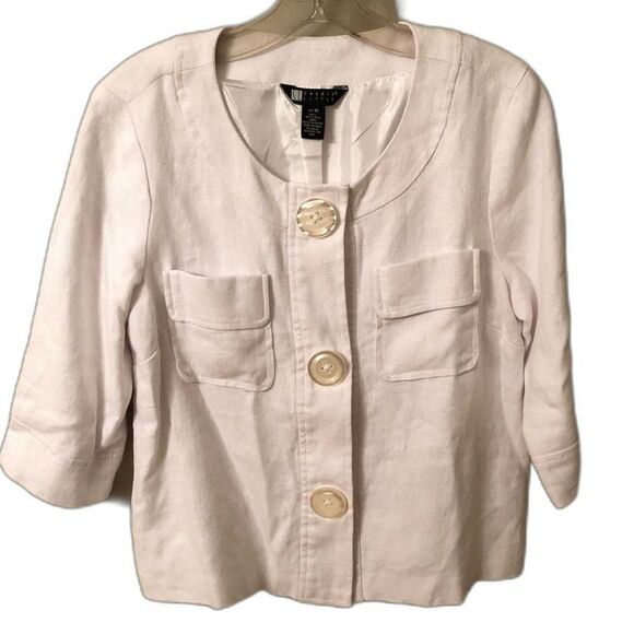 CAROLE LITTLE SIZE MEDIUM WHITE LINEN SNAP FRONT 3/4 SLEEVE LINED BLAZER - Picture 1 of 8